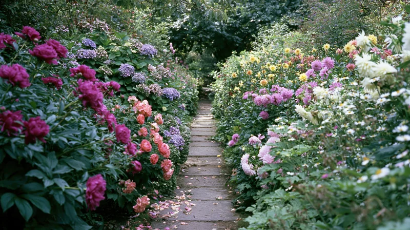 Stone path winding through dense blooming garden with roses and daisies on either side