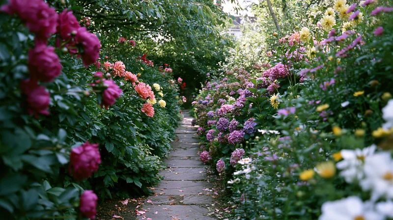 Stone pathway winding through dense flowerbeds in a garden