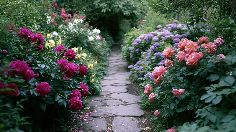 Stone path winding through dense flowerbeds of roses and hydrangeas in a lush garden