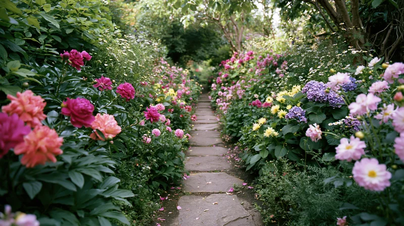 Stone pathway winding through a garden lined with blooming roses and hydrangeas