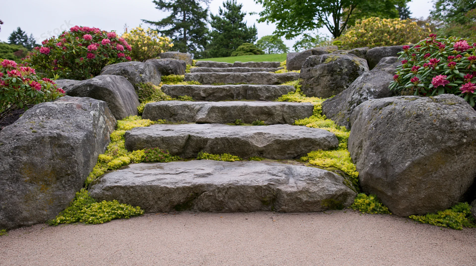 Stone staircase ascending through a landscaped garden with moss, rocks, and blooming rhododendrons
