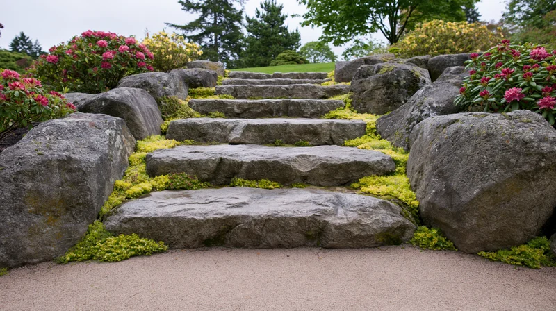 Stone staircase ascending through a landscaped garden with moss, rocks, and blooming rhododendrons