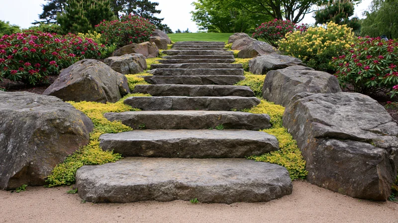 Stone staircase ascending through a landscaped garden with flowering shrubs and rocks