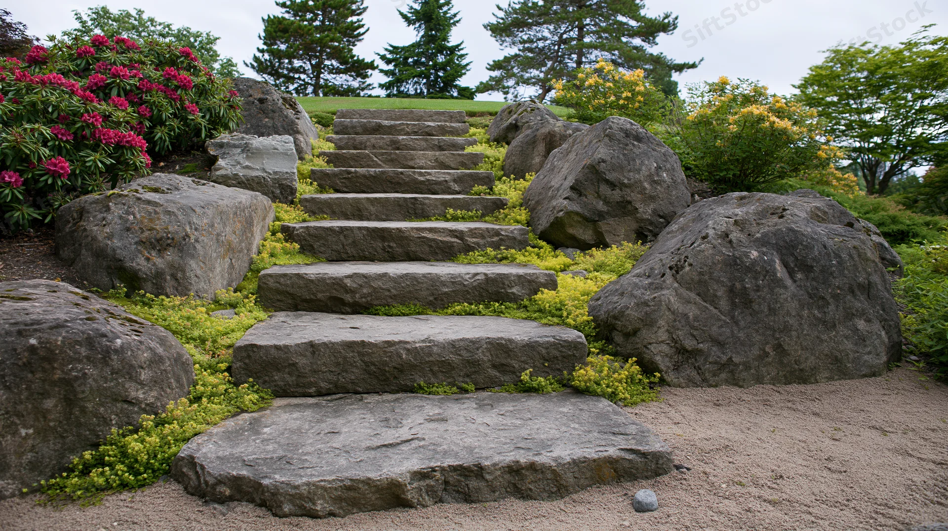 Stone staircase ascending through a landscaped garden with boulders and flowering shrubs
