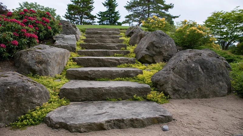Stone staircase ascending through a landscaped garden with boulders and flowering shrubs