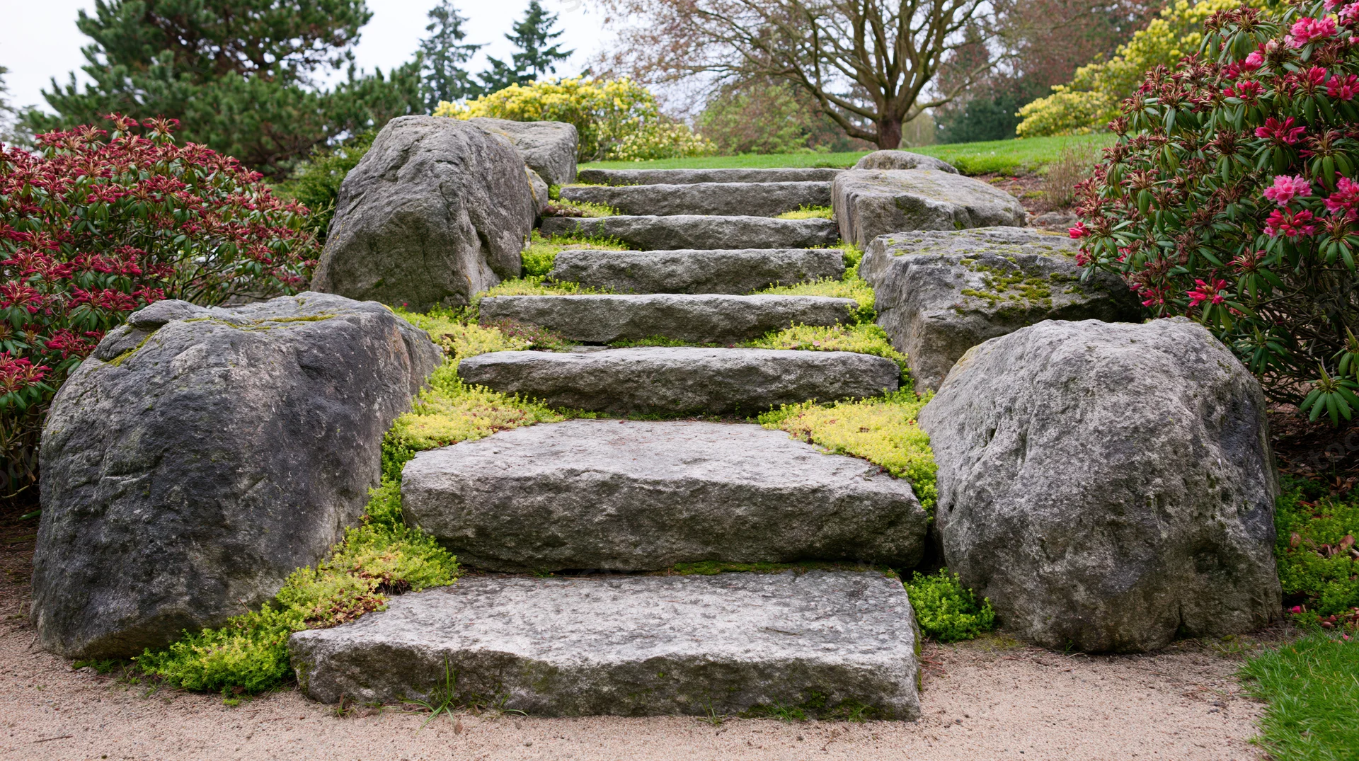 Stone staircase ascending through a landscaped garden with flowering shrubs and moss-covered rocks