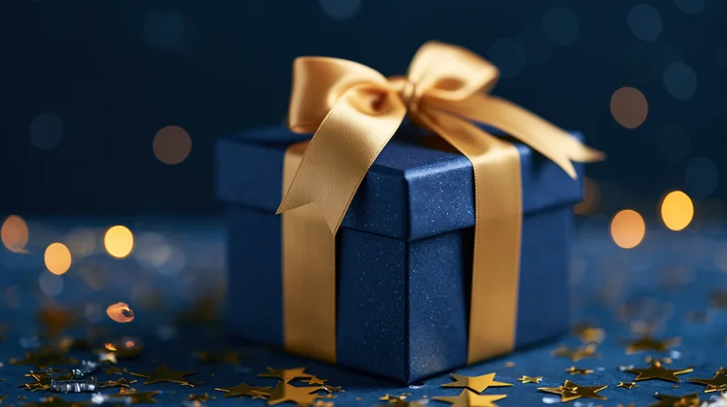 Navy blue gift box with gold satin ribbon and bow on a sparkling surface with bokeh lights and star confetti