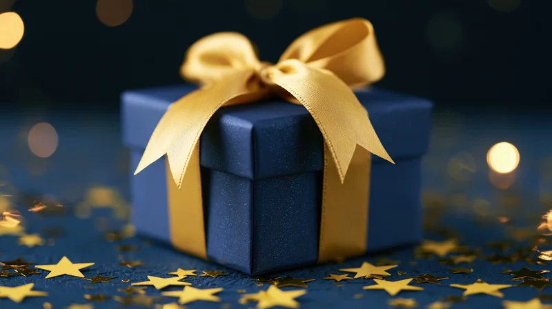 Navy blue gift box wrapped with gold satin ribbon and bow on a dark surface with golden star confetti and bokeh lights