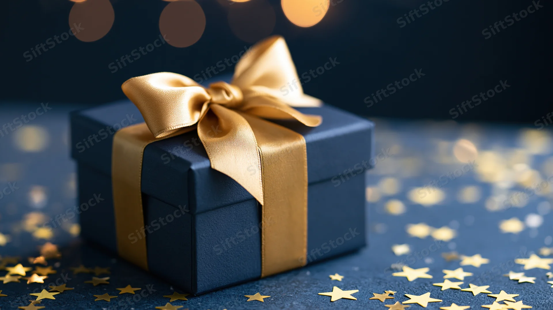 Navy blue gift box with gold satin ribbon and bow on dark surface with star confetti and bokeh lights