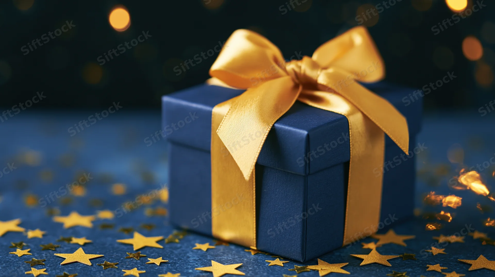 Navy blue gift box with gold satin ribbon and bow on a surface scattered with golden star confetti against a dark background with bokeh lights