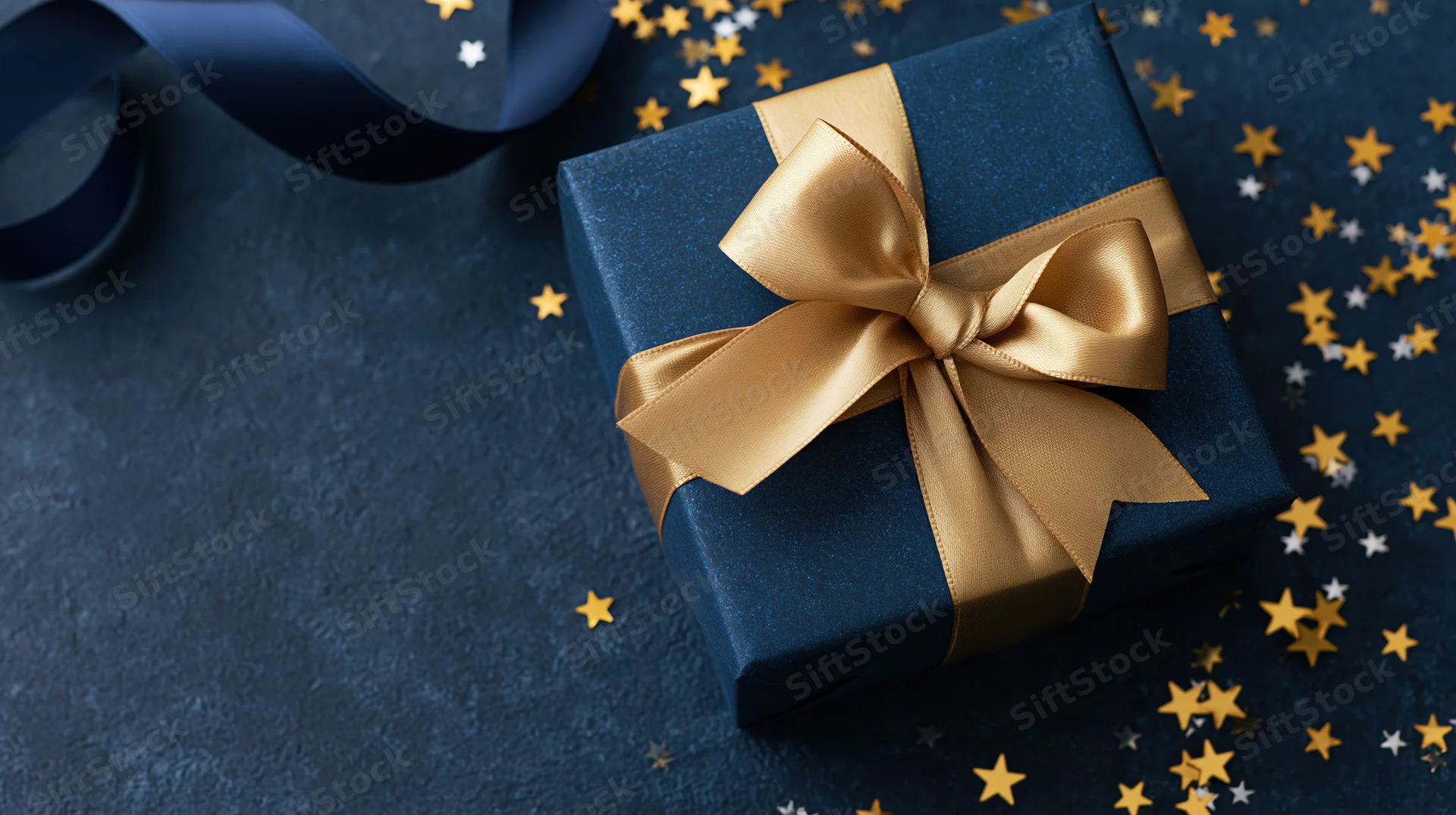 Navy blue gift box with gold satin bow and star confetti on dark surface