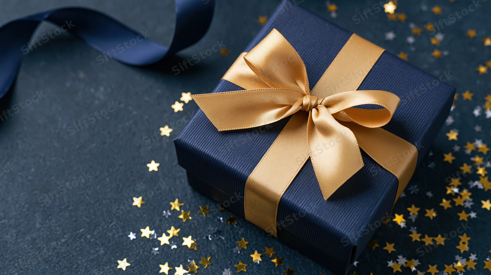 Navy blue gift box with gold satin bow and star confetti on dark surface