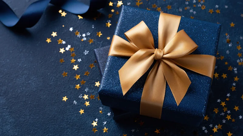 Navy blue gift box with gold satin bow and star confetti on dark surface