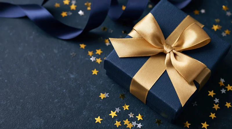 Navy blue gift box with gold satin bow and star confetti on dark surface