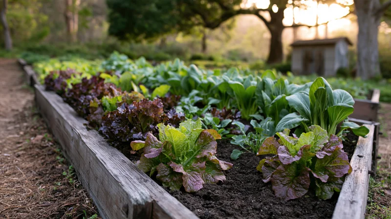 Rows of lettuce and bok choy growing in a wooden raised garden bed outdoors
