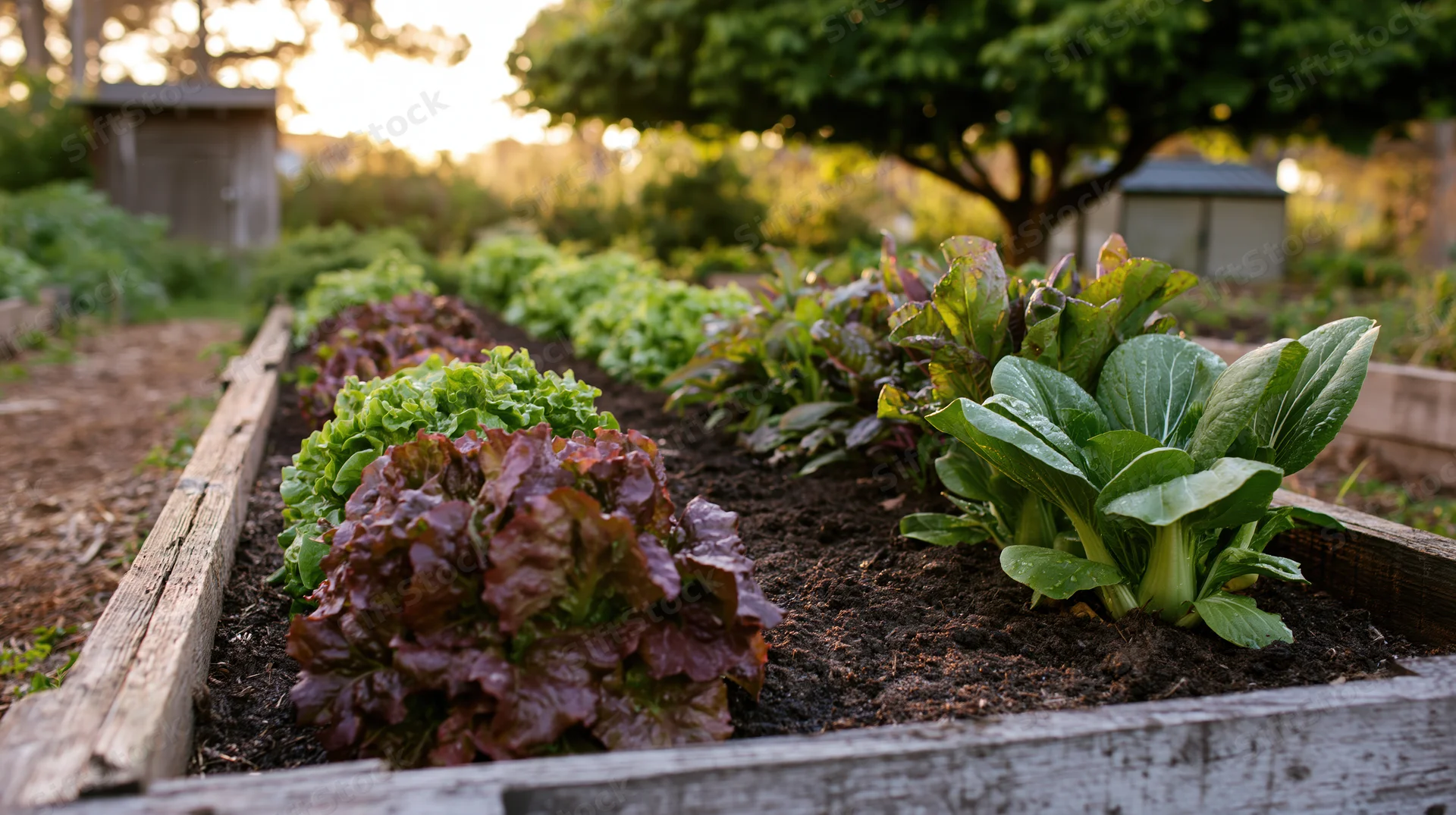 Rows of lettuce and bok choy growing in a wooden raised garden bed outdoors