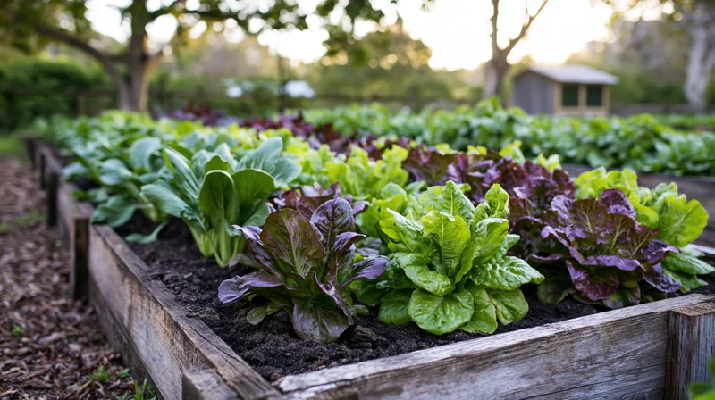 Rows of lettuce and bok choy growing in wooden raised beds in a garden