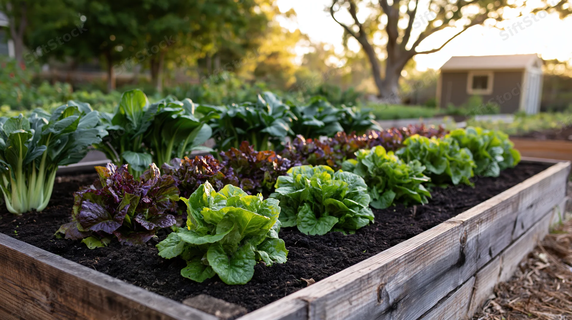 Rows of lettuce and bok choy growing in a wooden raised garden bed outdoors
