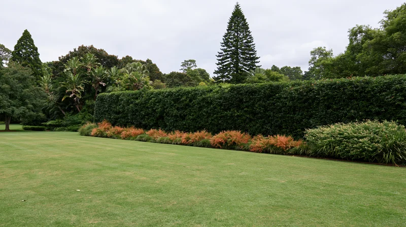 Wide view of a manicured lawn bordered by a dense hedge and assorted trees in a formal garden