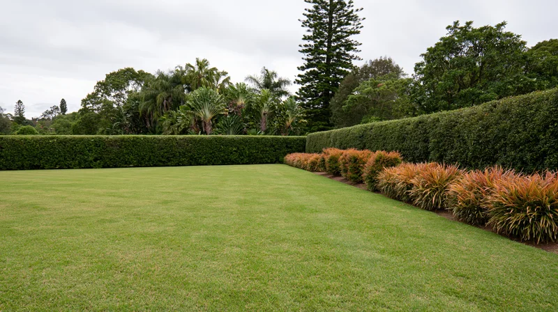 Neatly manicured lawn bordered by trimmed hedges and ornamental shrubs in a formal garden