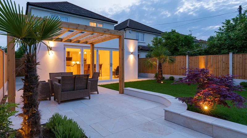 Newly landscaped suburban backyard with pergola and outdoor seating at dusk