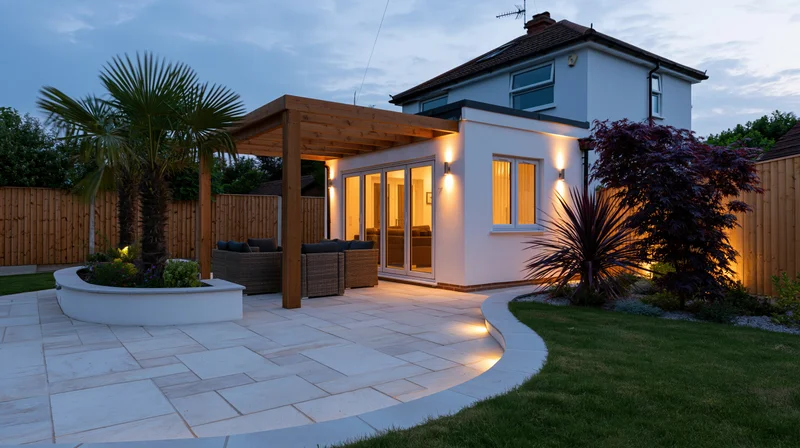 Modern suburban house with illuminated patio and landscaped garden at dusk