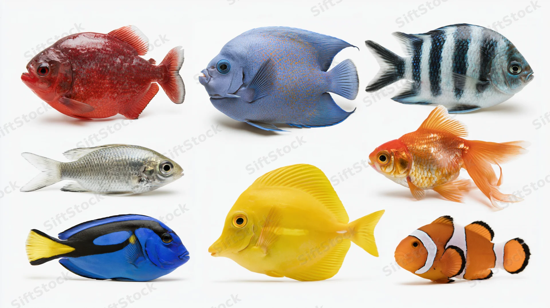 Nine tropical fish species arranged in a 3x3 grid against a white background