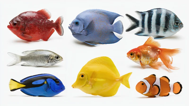 Nine tropical fish species arranged in a 3x3 grid against a white background