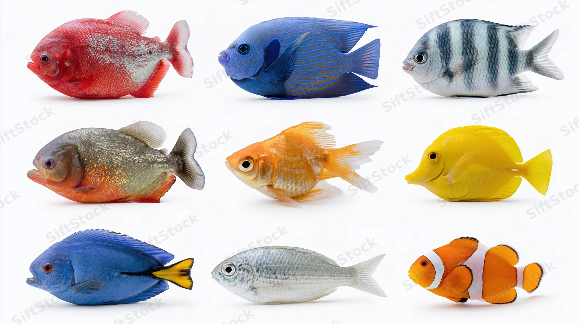 Nine tropical fish species arranged in a 3x3 grid against a white background
