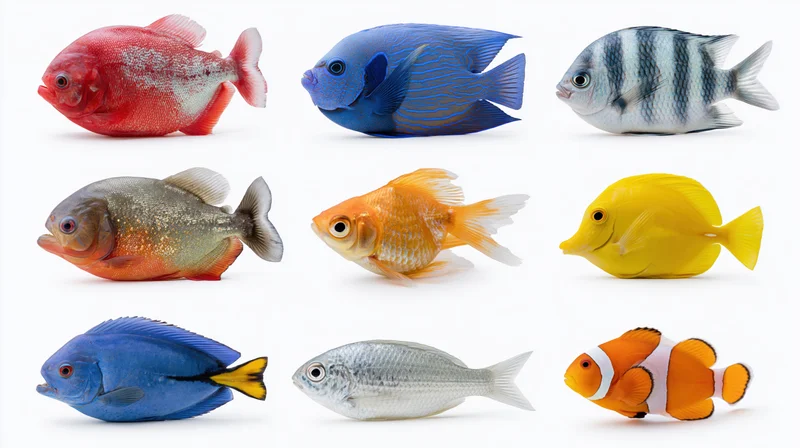 Nine tropical fish species arranged in a 3x3 grid against a white background