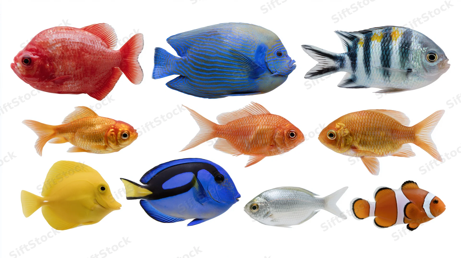 Nine tropical fish species arranged in a 3x3 grid against a white background