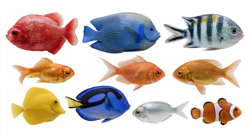 Nine tropical fish species arranged in a 3x3 grid against a white background