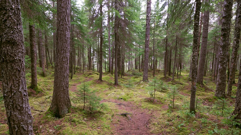 Dense coniferous forest interior with moss-covered ground and tall trees
