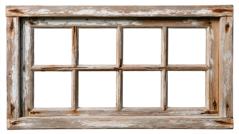 Old six-pane wooden window frame with peeling paint and weathered texture isolated on white