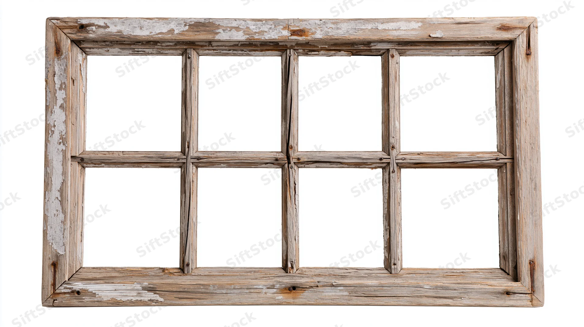 Old six-pane wooden window frame with peeling white paint isolated on white background