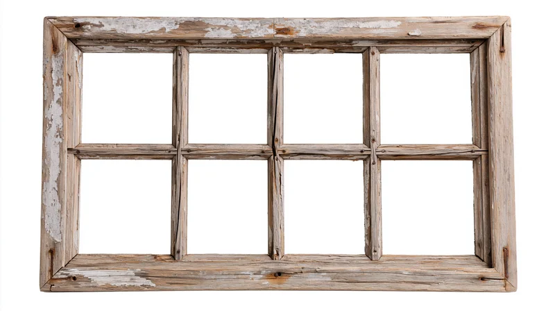 Old six-pane wooden window frame with peeling white paint isolated on white background