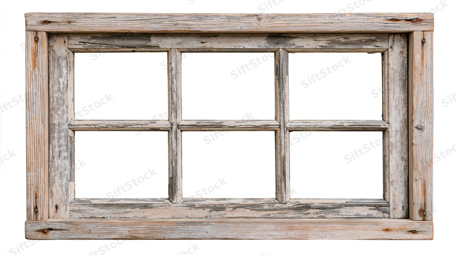 Old six-pane wooden window frame with weathered texture isolated on white background
