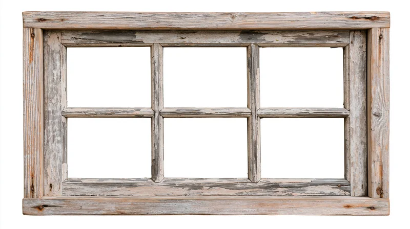 Old six-pane wooden window frame with weathered texture isolated on white background