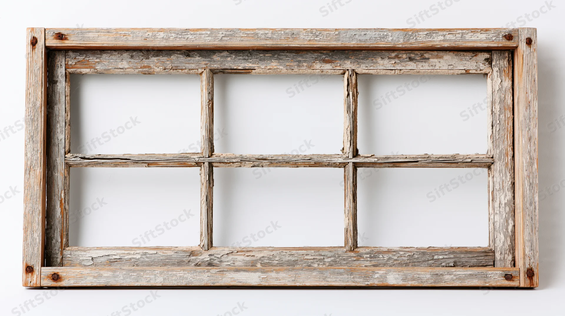 Old six-pane wooden window frame with weathered texture isolated on white background