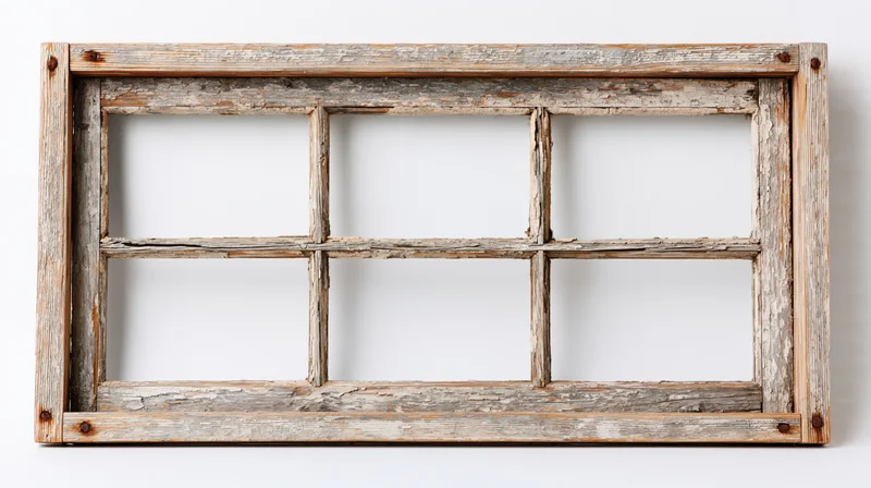 Old six-pane wooden window frame with weathered texture isolated on white background