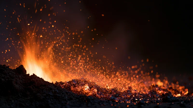 Flames erupting from dark ground with glowing sparks and embers at night