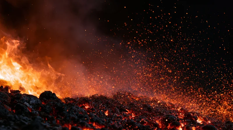 Fire flames rising from molten rock at night with sparks and smoke