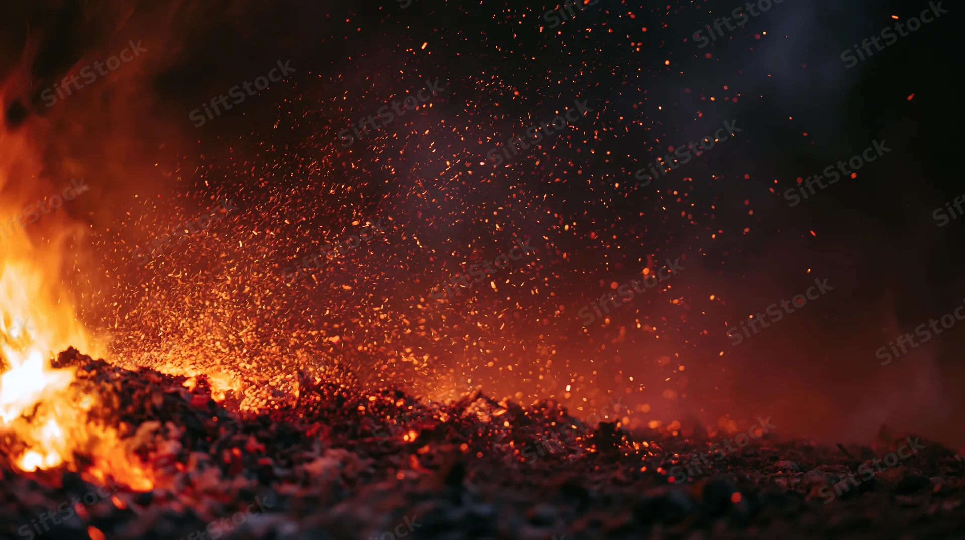 Flames rising from burning coal with sparks flying in dark night