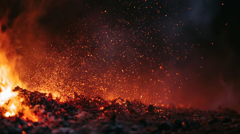 Flames rising from burning coal with sparks flying in dark night