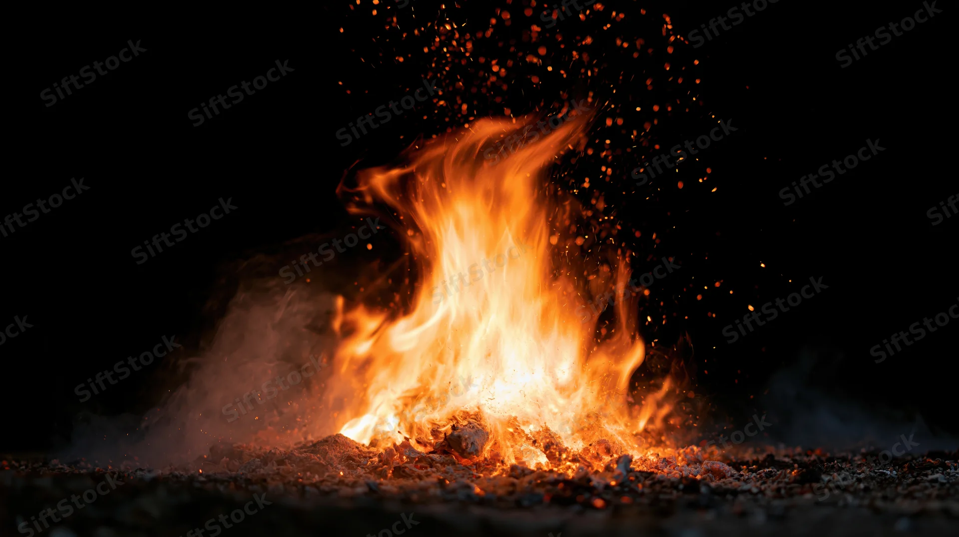 Flames burning with sparks and smoke against a black background