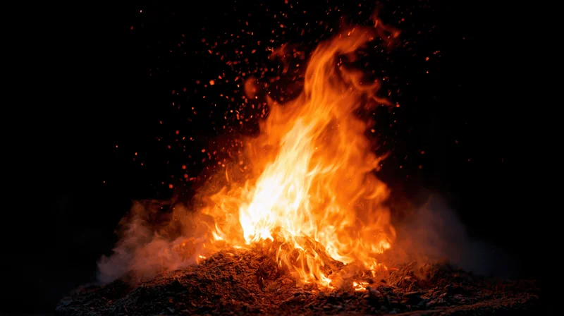 Flames burning intensely against a pure black background with flying sparks and smoke