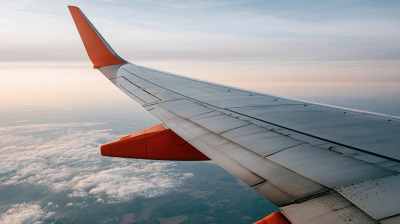 Airplane wing extending over cloud layer during twilight flight viewed from passenger window
