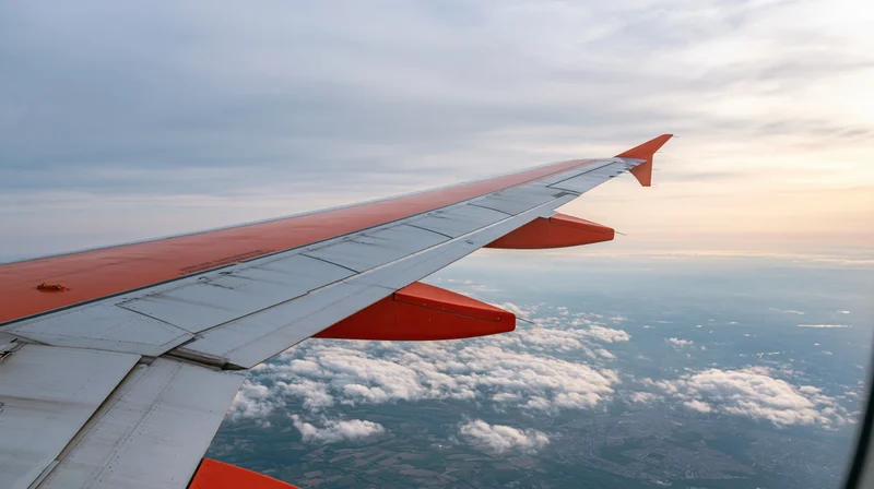 Airplane wing in flight viewed from passenger window above clouds at sunset