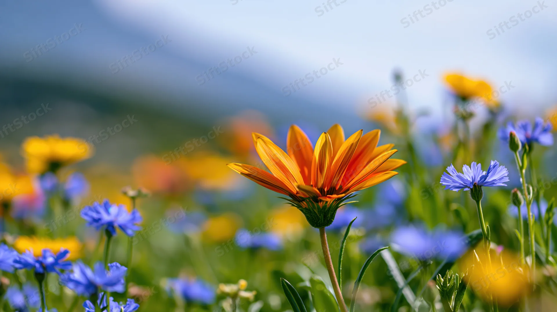 Orange gazania wildflower in sharp focus among blue and yellow flowers in a mountain meadow