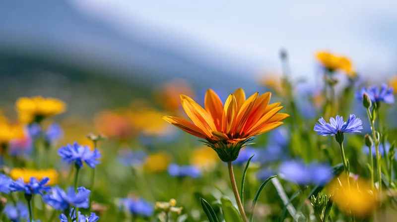 Orange gazania wildflower in sharp focus among blue and yellow flowers in a mountain meadow